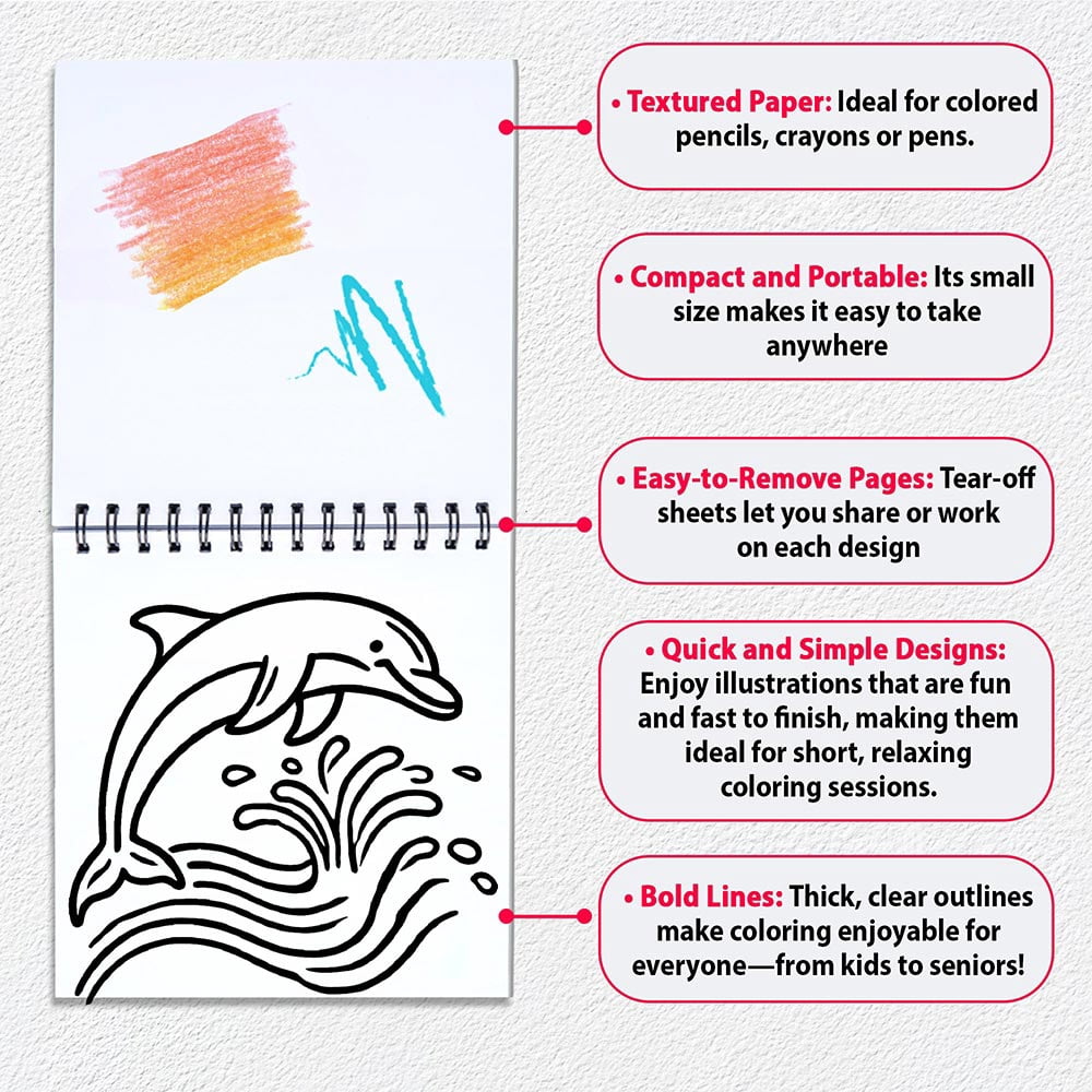 Minimalist Mini Coloring Book Spiral Bound for Adult, Pack 6, 3.5” x 3.5” Pocket Size, 40 Coloring Pages Stress & Anxiety Relief, Travel for Women Men