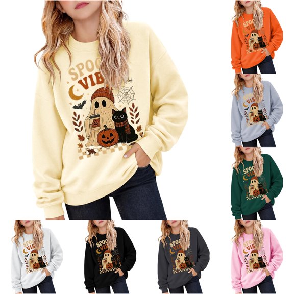 XFeng Girls’ Fall Crewneck Sweatshirt, Leopard Bow Pumpkin Bat Letter Graphic Loose Long Sleeve Casual Pullover Top