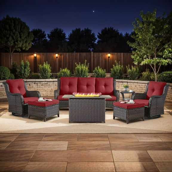 Gymojoy 7-Piece Patio Furniture Set with 41" Fire Pit Table, Outdoor PE wicker Conversation Sofa Set & Anti-Slip Cushions - Waterproof for Garden, Yard, Porch