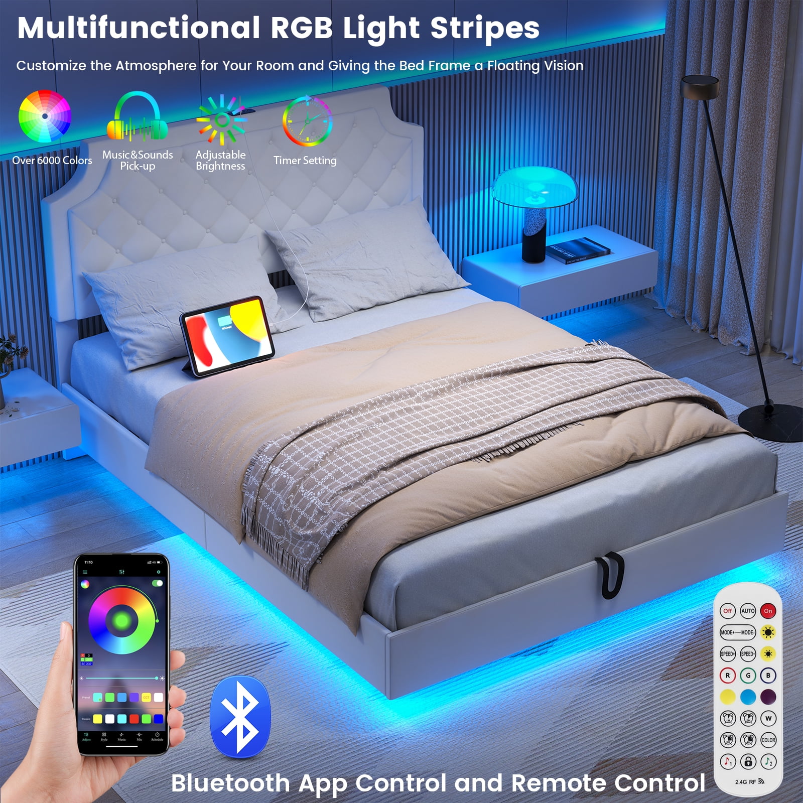 Queen Size Floating Bed Frame with Adjustable Headboard, Lifting Up Upholstered Bed Frame Queen, Fast Charging Station, Underbed Lights Strip, Solid Wood Slat, No Box Spring Needed, Noise-Free, White