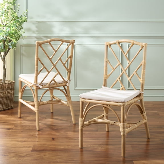 Safavieh Chadale Scandinavian Rattan and Fabric Dining Side Chairs, Natural/Cream (Set of 2)