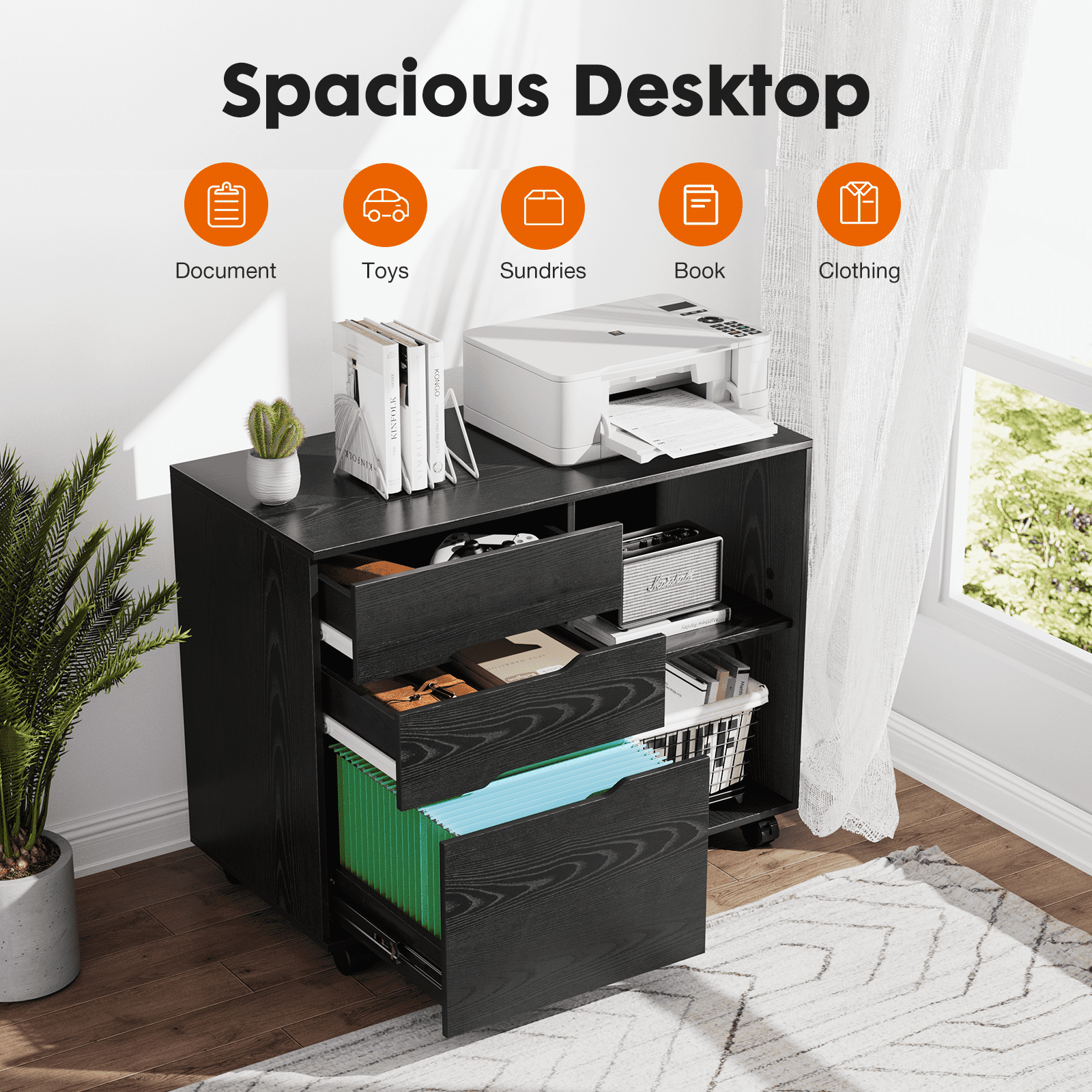 MAYEERTY 3-Drawer Mobile File Cabinet Rolling Filing Cabinet for Home Office Study Room, Black