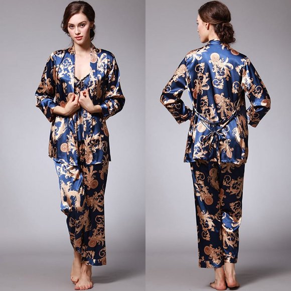 Women's Ice Silk Silk Pajamas Three-Piece Spring and Summer Dragon Robe Printed Homewear Suit High-Grade Comfortable Pajamas