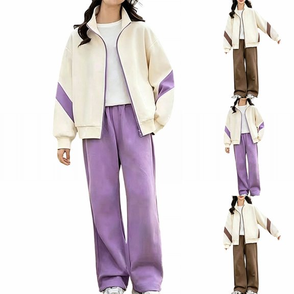 Coerni Big Boys Girls 2 Pcs Sweatsuit Stand Collar Zip Up Jacket and Wide Leg Pants Set Casual Sporty Matching Tracksuit Outfit Fall