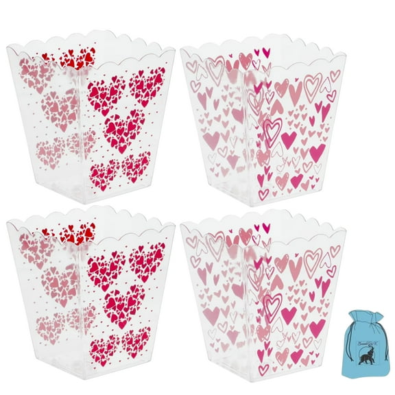 (4) Valentine's Day Popcorn Buckets 2 ct Pack Empty Containers for Home Kitchen Food Serving Snacks Theater Movie Night Holiday Treat Tub Birthday Wedding Party Favors Table Decor Gift Supplies