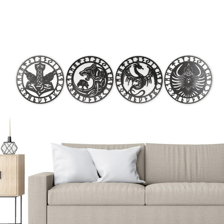 Tucocoo 4 Pieces Vikings Wooden Wall Decor Tree of Life Wall Art Nordic  Vikings Rune Amulet Wall Decor Wooden Vikings Warship Home Decor Can Be