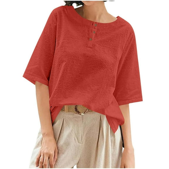 Wyobmus Womens Summer Tops Loose Fit Button Up Henley Shirt Casual Solid Color Half Sleeve Linen Cotton Tshirt S-3X Red