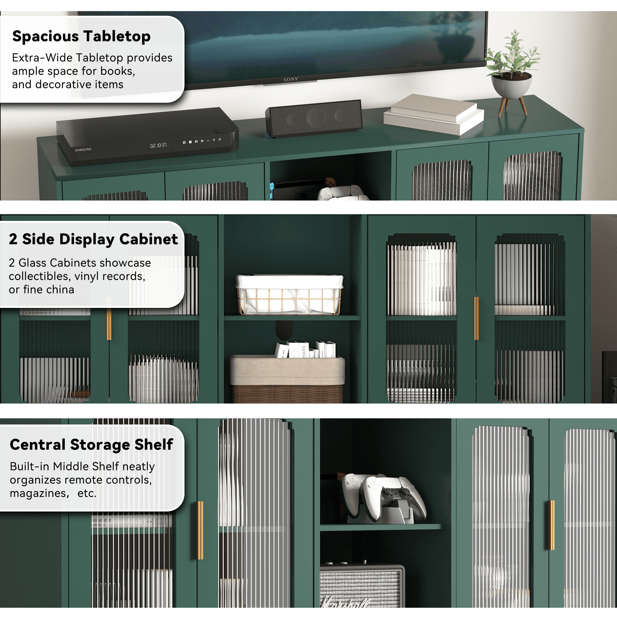 ZOSQUARE Modern TV Stand for TVs up to 75", 65" Entertainment Center with 4 Fluted Glass Doors and Open Shelves, Mid-Century Media Console, Green TV Table for Living Room, Bedroom