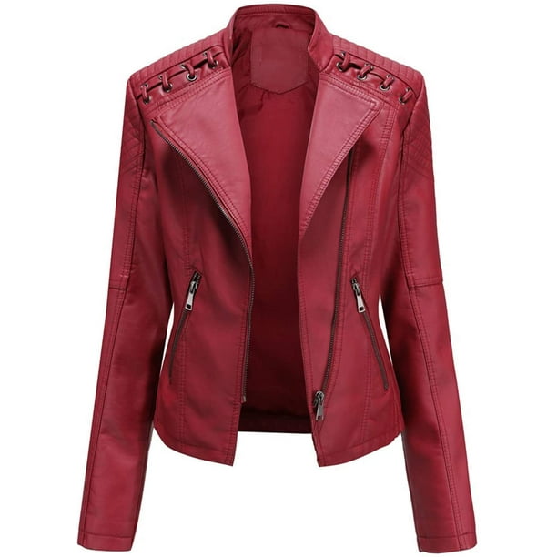 Chaqueta de motociclista de piel sintética de moda para mujer, abrigo ajustado con cuello alto y cremallera para otoño e invierno, ideal para uso diario, trabajo, fiestas y ropa de calle.