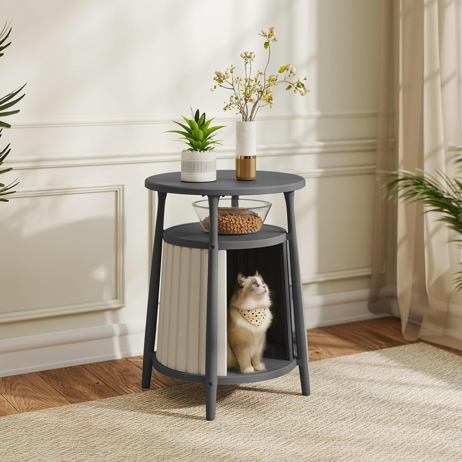 Joxxoaa 2-in-1 Cat House End Table, Weatherproof Resin Pet Bed Nightstand for Small Spaces, Easy Assembly, Black/Gray，Father's Day Gift