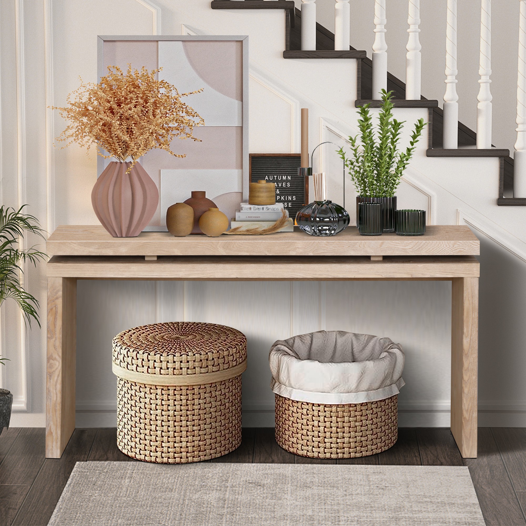 60" Antique Natural Farmhouse Console Table, Retro Wooden Entryway Table with Double Board Suspension Design, Solid Wood & MDF, Sofa Table for Living Room (Antique Natural)