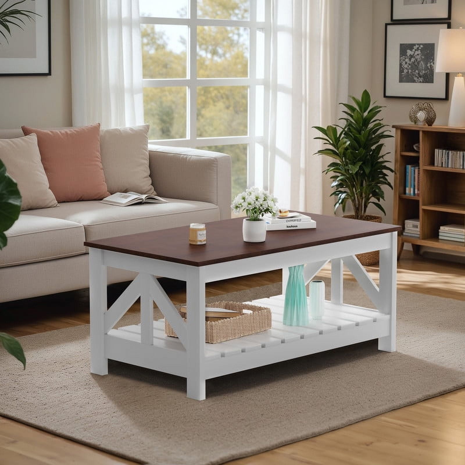 Homall 39" 2-Tier Farmhouse Coffee Table Wood Center Table with Storage Shelf for Living Room, Brown & White