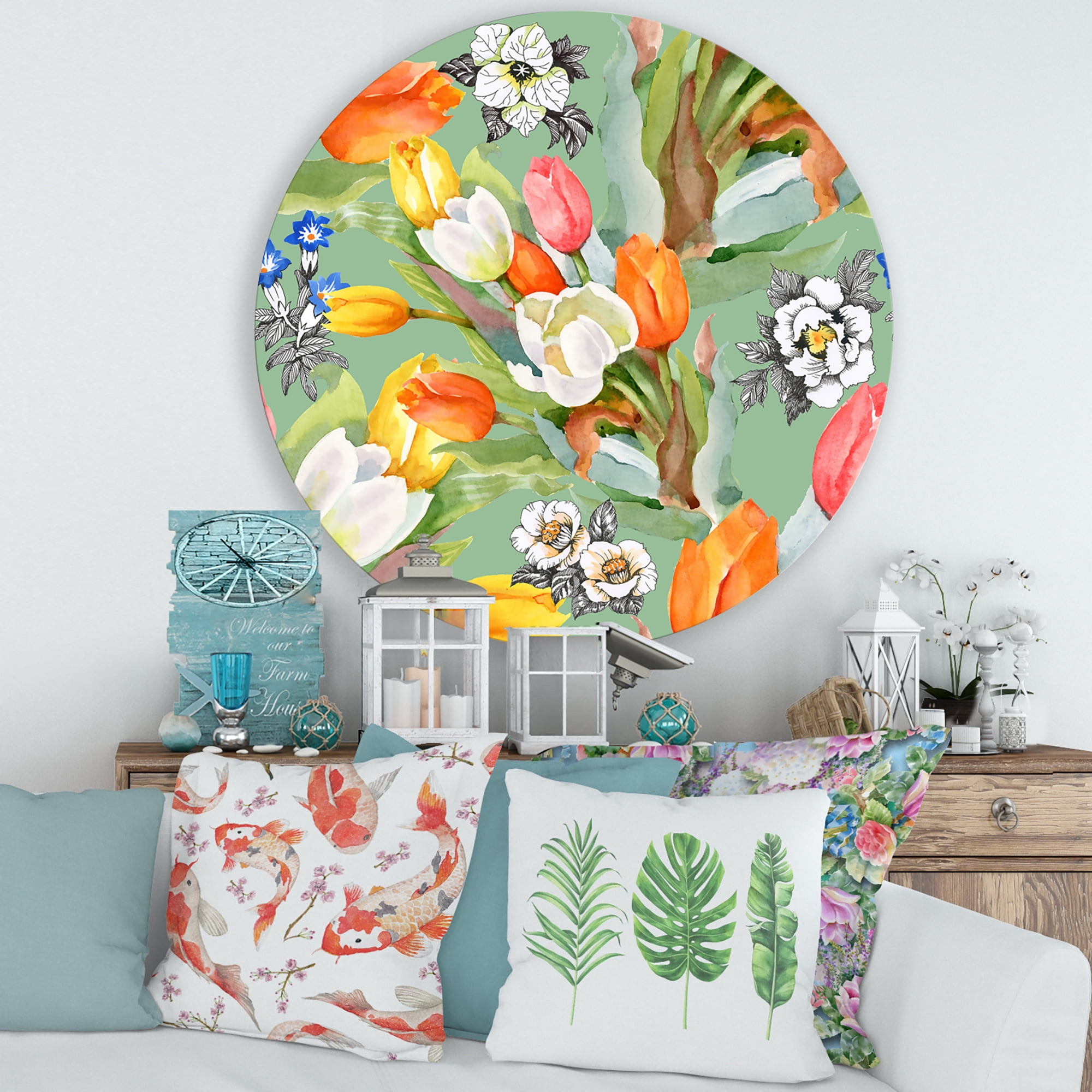Designart 'Blooming Orange and White Tulips II' Traditional Circle Metal Wall Art 29x29 - Disc of 29