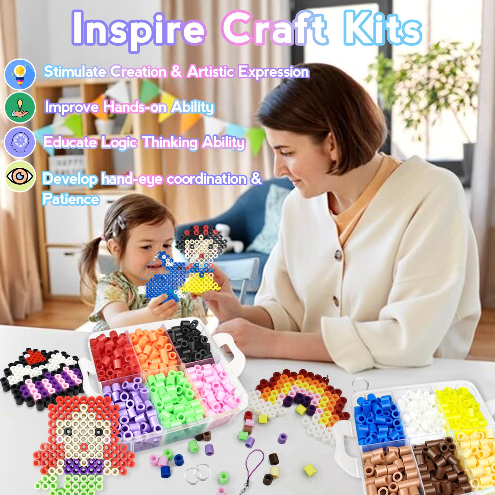 10mm Large Fuse Beads Kit– 12 Colors XL Set with Storage Box, Ironing Papers, Pegboards, Booklet, DIY Art Craft Gift for Girls & Boys Age 3+, for Birthday, Christmas, Available in Blue, Red, or White