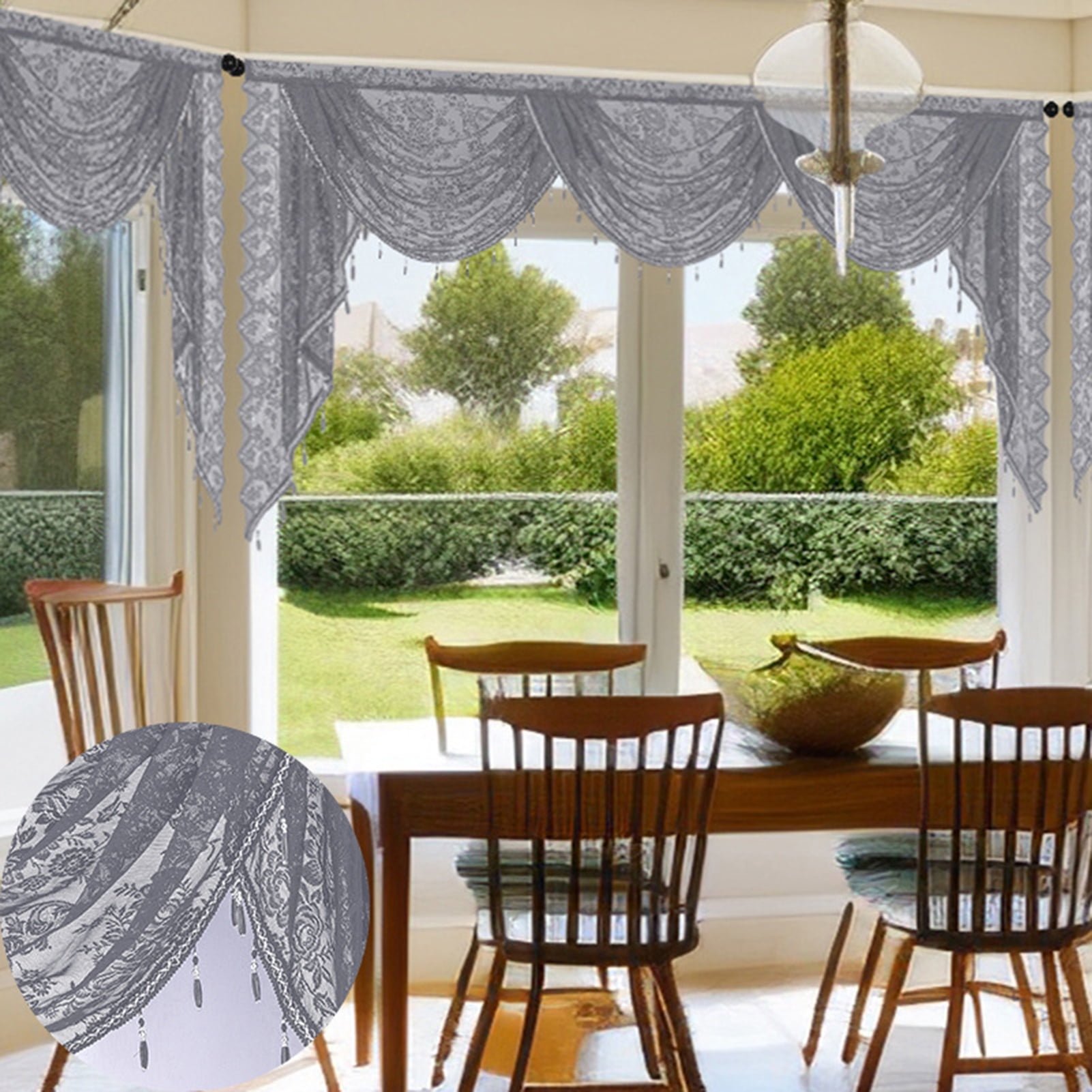 Yesbay Black Beaded Lace Waterfall Valance Lightweight Breathable Easy Installation Luxurious Small Window Semi Sheer Swag Waterfall Valance