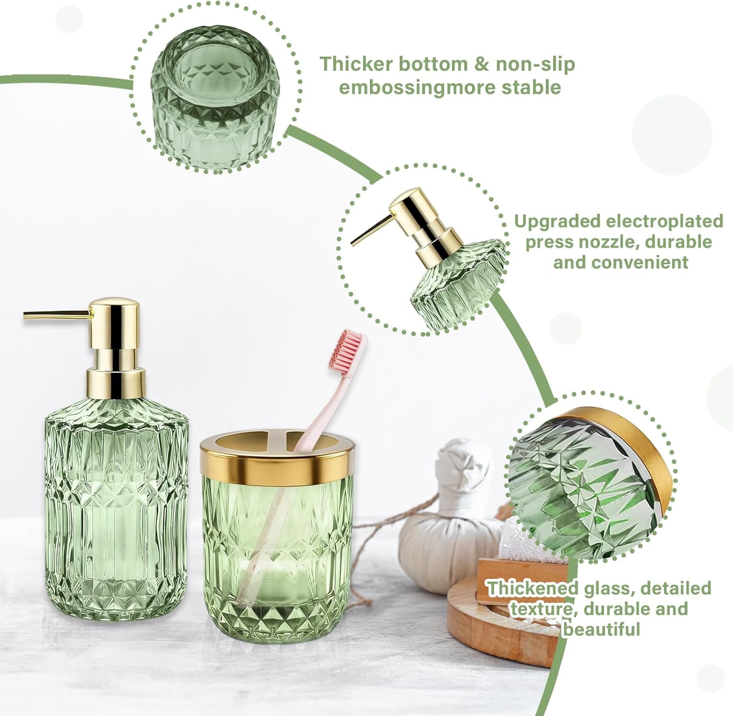 Bathroom Accessories Set, Glass Bathroom Accessories, Vintage Bathroom Countertop Decoration Includes Soap Dispenser, Toothbrush Holder