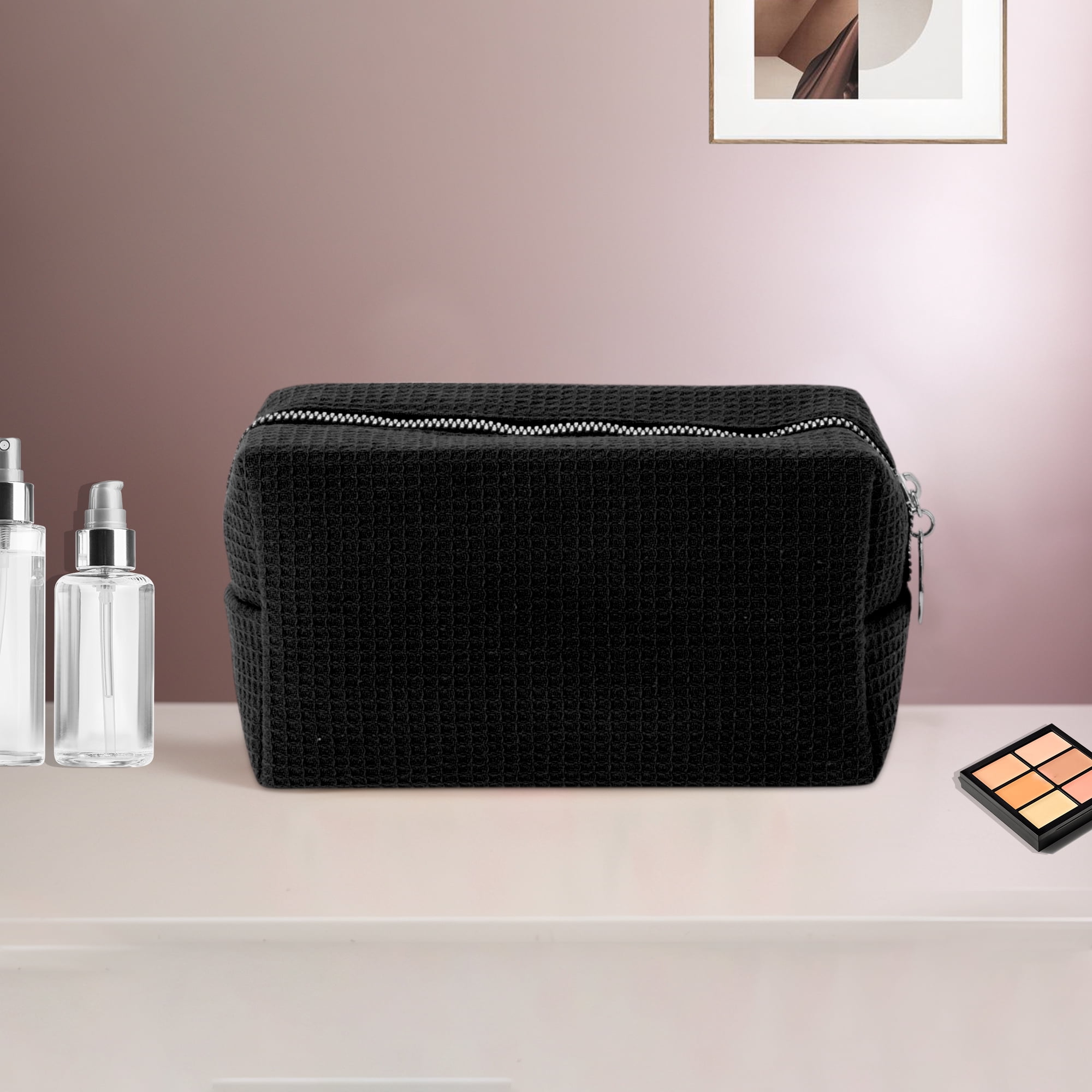 Unique Bargains 1 Pc Waffle Plaid Pattern Makeup Bag for Travel Black