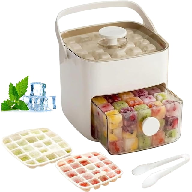 48 Cube Ice Maker With Easy Press Lid, Double Layer Portable Ice Maker with Lid and Storage Box for Freezer, Handled Press-Type Ice Cube Tray with Lid and Bin for Whiskey, Cocktail, Beer (White)