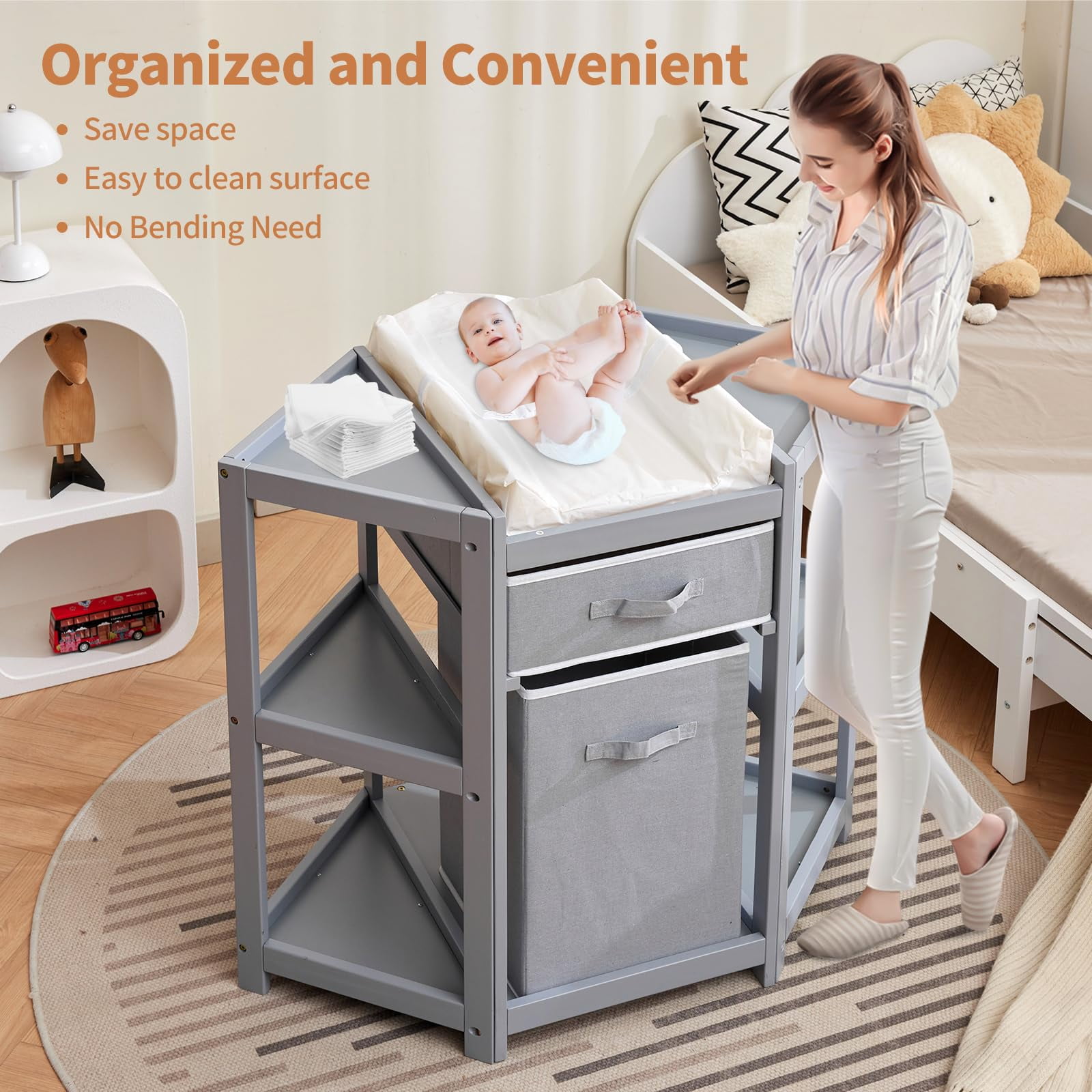 Garvee Corner Diaper Changing Table, Baby Diaper Changing Station with Storage Drawer and Laundry Hamper, Multi-Functional Changing Table Organizer with Pad for Newborn Infant, Gray