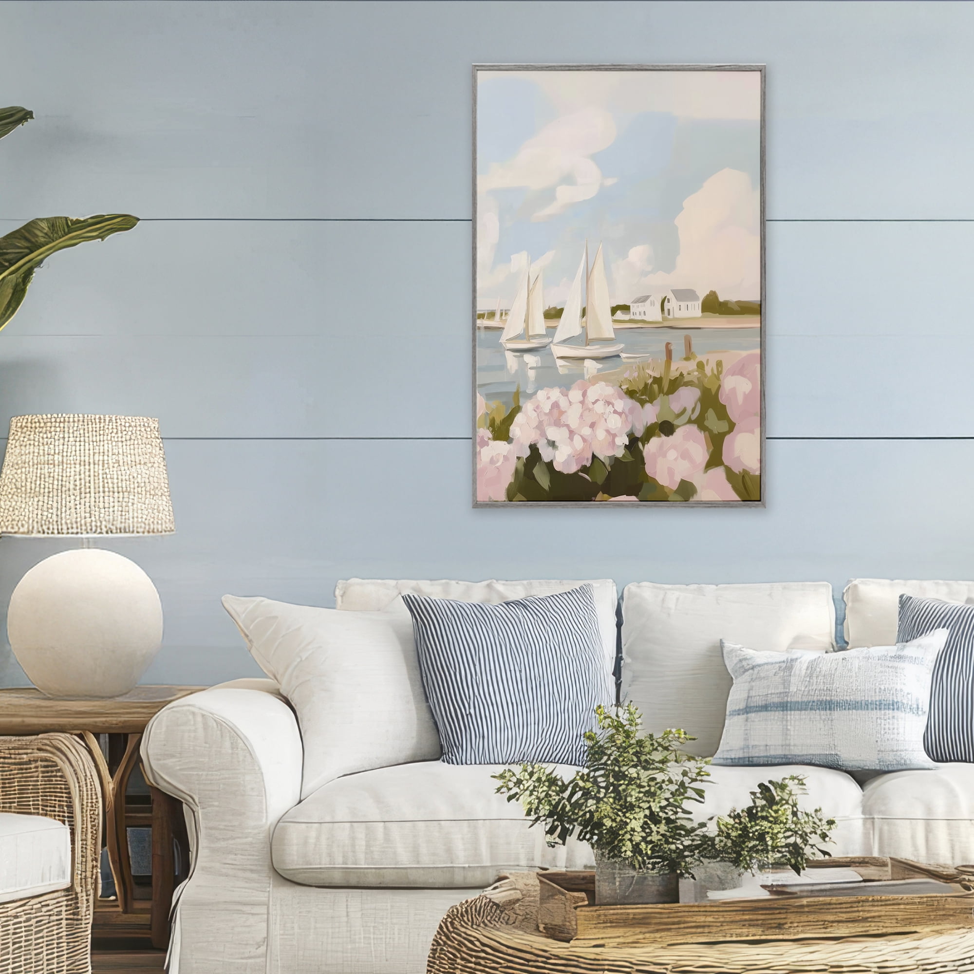 Stupell Industries Pink Hydrangeas with Sailboats Gray Framed Giclee Art, design by Sisi and Seb