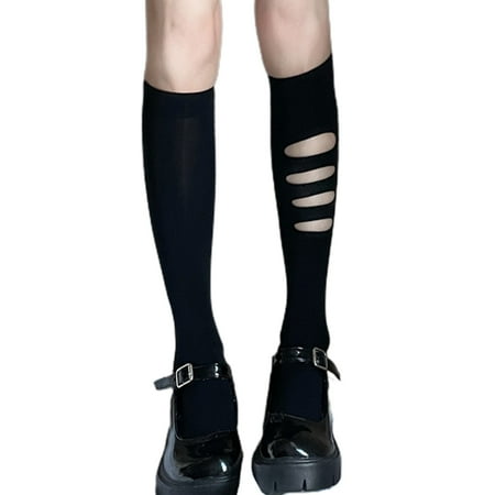 

Women Dark Gothic Thin Knee High Socks Harajuku Japanese Style Irregular Asymmetical Hollow Out Ripped Holes Student Sweet Calf Stockings