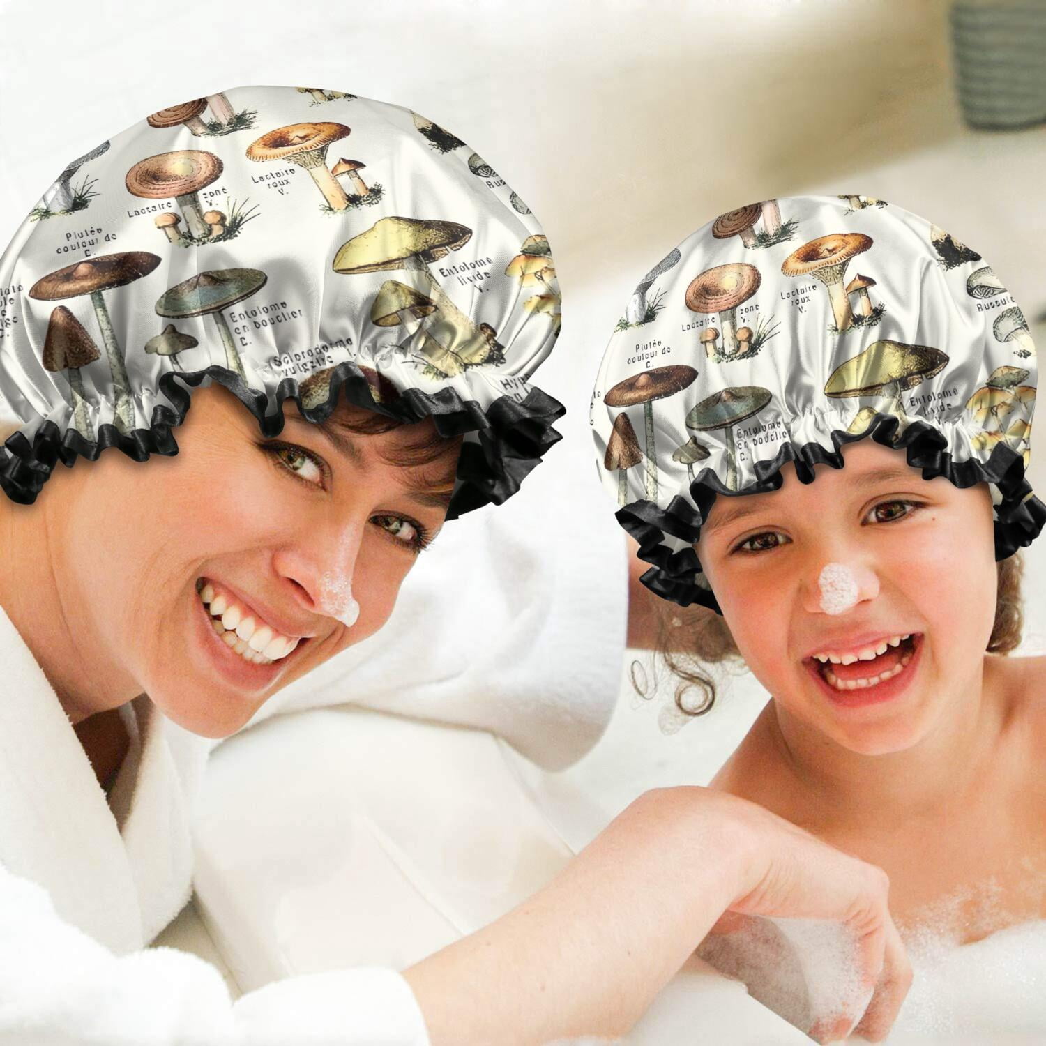 Shower Caps,Brown Mushroom Label Light Pattern Waterproof Shower Cap for Women 4 Pieces,Double Reusable Hair Cover for Shower PEVA Elastic Stretch Hem