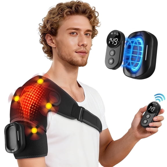 Shoulder Heating Pad with Detachable Remote, Heated Shoulder Massage Brace, Cordless Shoulder Heated Massager with 5 Heating & Vibration, 3 Timing, 2 Extend Straps, 5000mAh Battery, Black