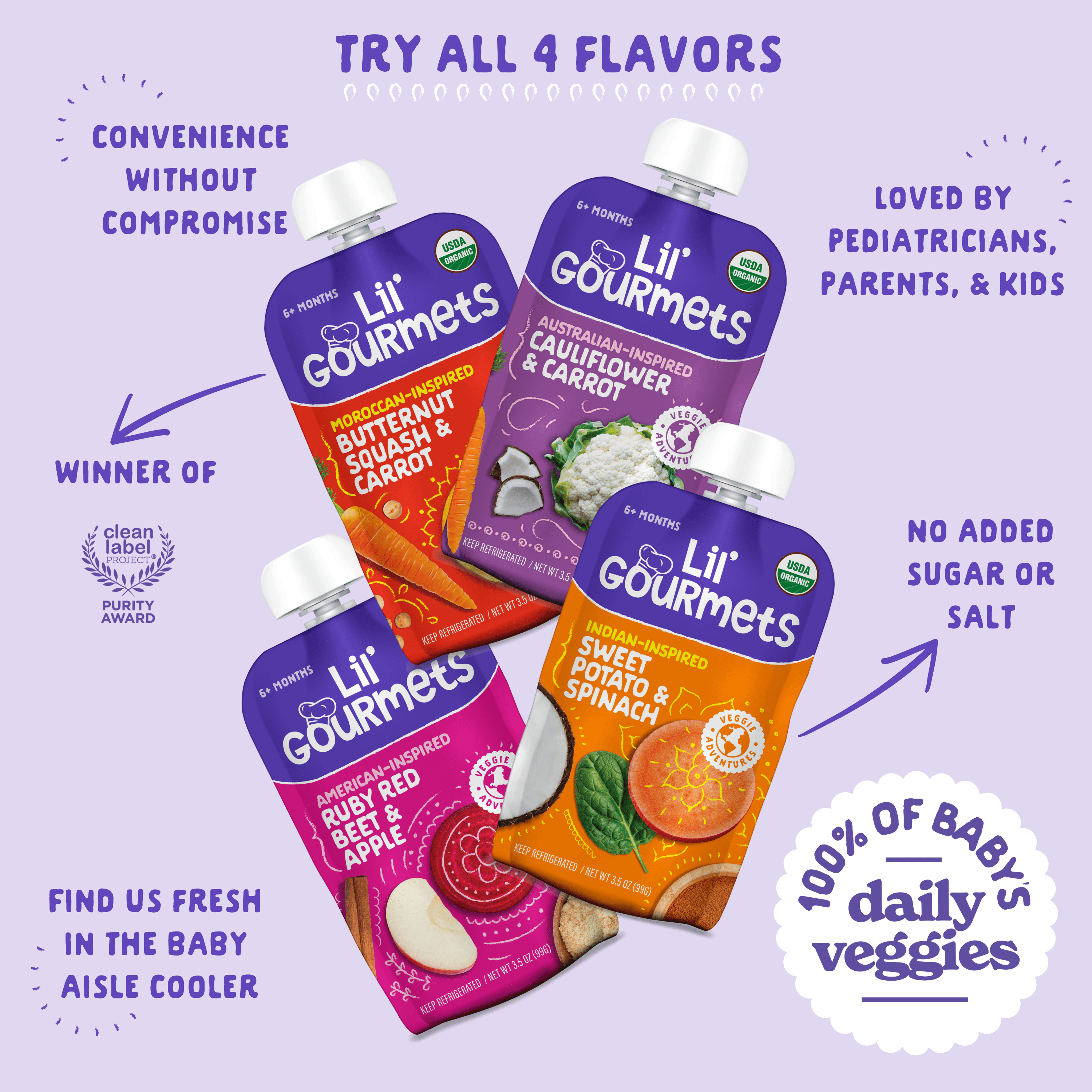 (4 pack) Lil’ Gourmets Refrigerated Stage 2 Baby Food, Moroccan-Inspired Butternut Squash & Carrot, 3.5 oz Pouch