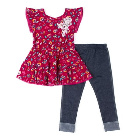 Floral Outfit Girl - Short Sleeve Yummy Knit Floral Tunic & Knit Denim Jeans, 2-Piece Outfit Set (Baby Girls & Toddler Girls)