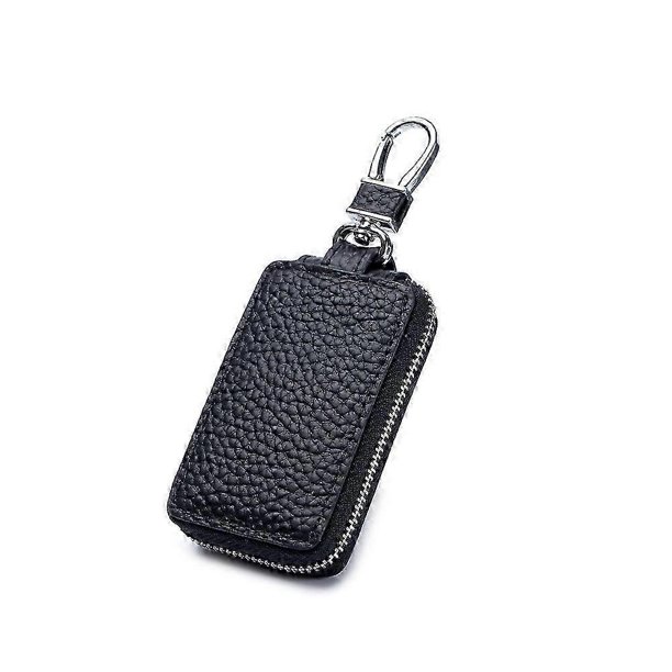 Funda de cuero para llave de coche con gancho metálico y llavero, con cremallera, para mando a distancia, color negro.