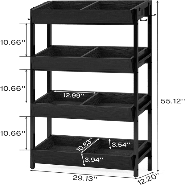 4-Tier Retail Display Rack Stand, Particleboard Shelves with 4 Metal Hooks, Heavy-Duty Metal Frame for Retail, Kitchen & Office