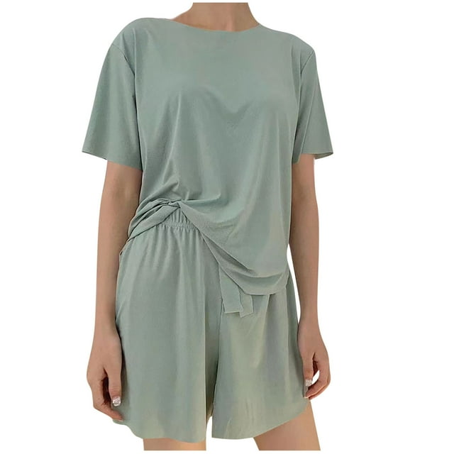 MeetoTime Pyjama pour Femmes Ensemble d'Été Col Rond T-Shirts à Manches Courtes et Pantalon à Taille Élastique à Cordon Ensemble Deux Pièces