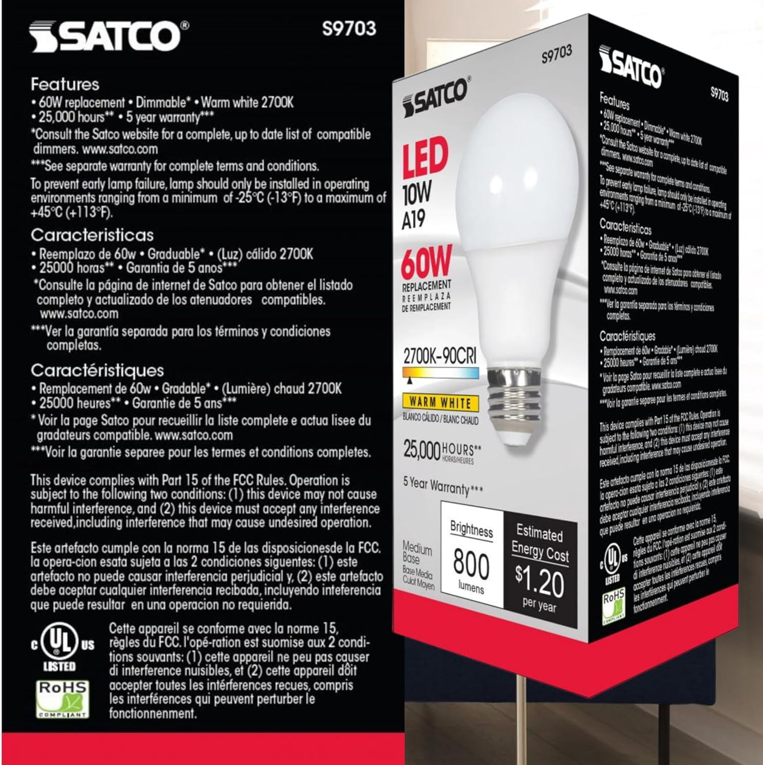 Satco S9703 A19 LED Light Bulbs 10W 120V 90CRI 2700K E26 Medium Base Dimmable (6 Pack)