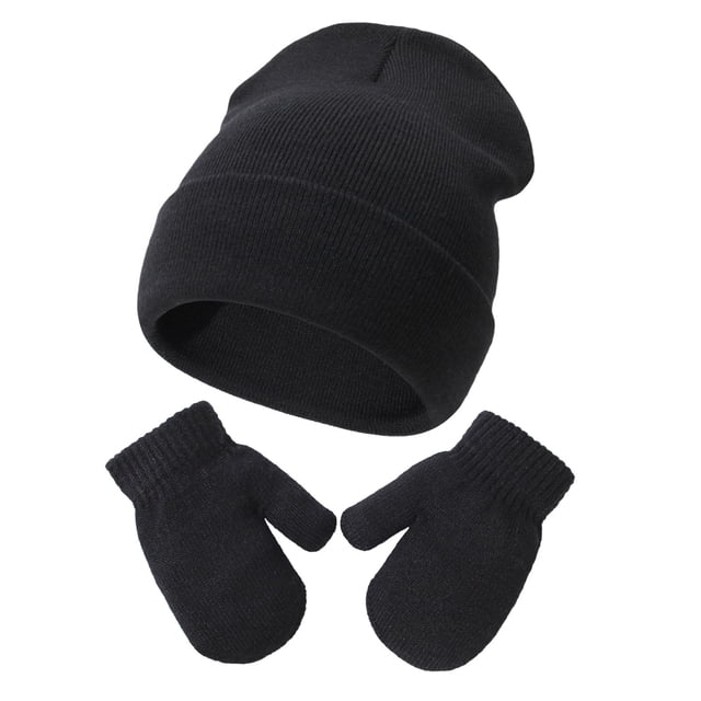 FAOWME Baby Knitted Hat And Glove Set Versatile Solid Color Fall Children Wool Pullover Hat Black M