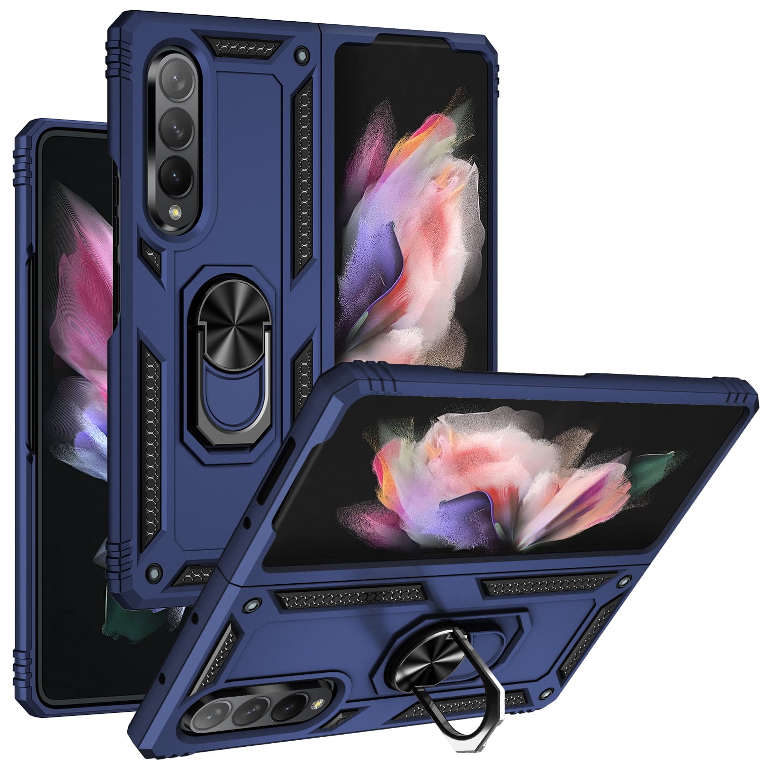 Phone Case for Samsung Galaxy Z Fold 3 5G Hybrid Durable 360 Degree Rotatable Ring Stand Holder Kickstand Fit Magnetic Car Mount Cover for Galaxy Z Fold 3 - Blue