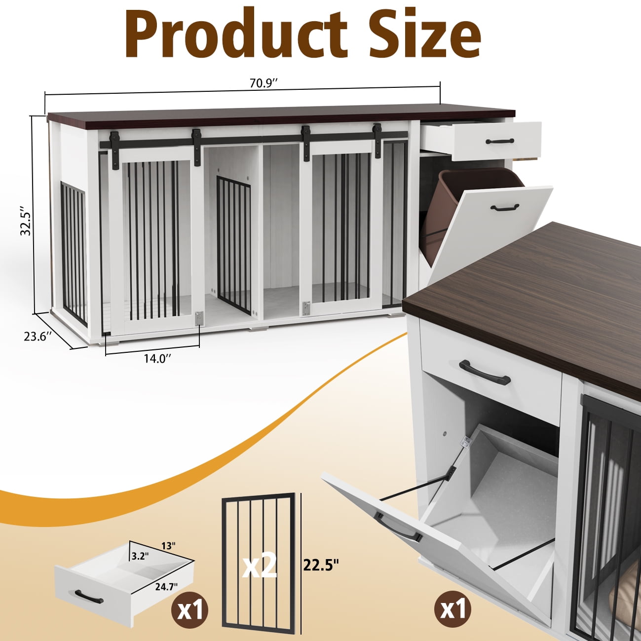 71'' Multi- Functional Dog Crate Furniture for 2 Dogs with Divider and Sliding Doors, Large Dog Kennel with Storage Drawer and Tilt Out Trash Cabinet, Whilte
