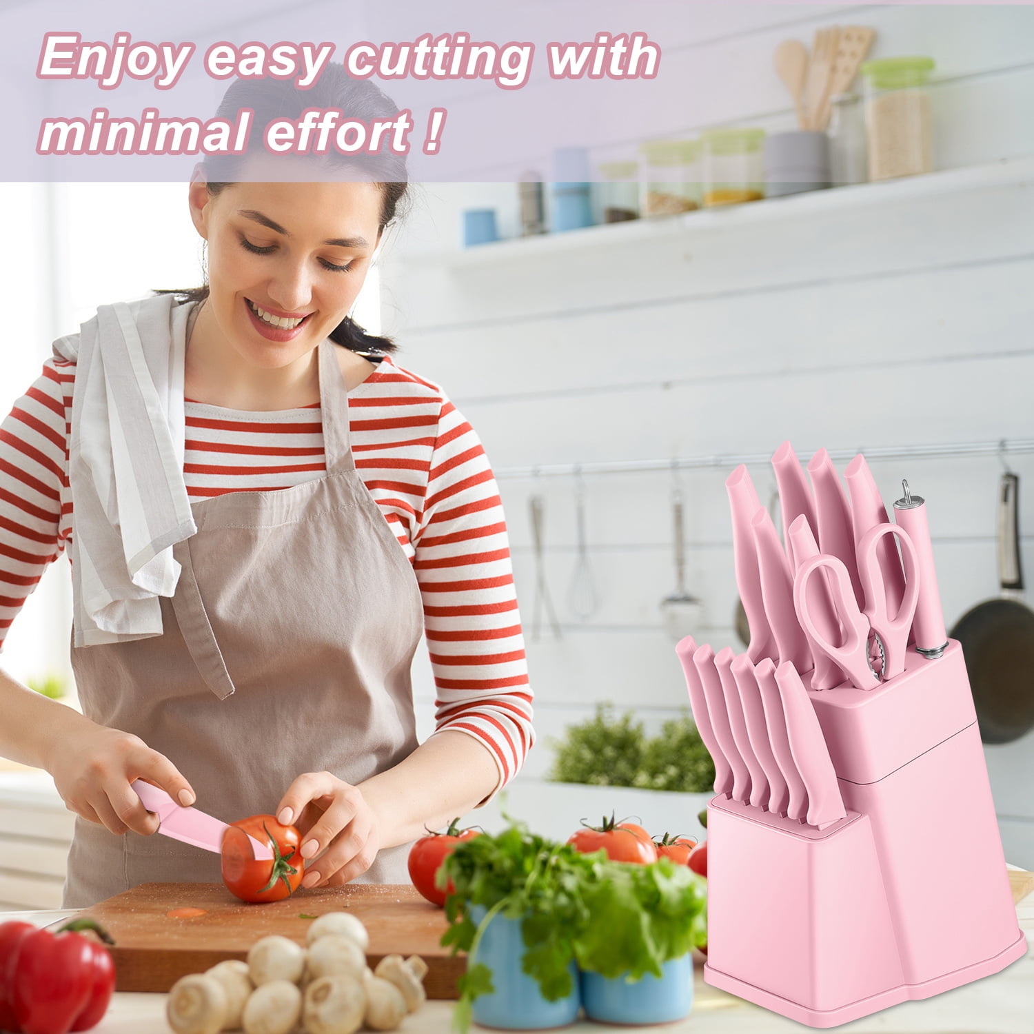 Vesteel Knife Set for Kitchen with Block, 15 Pcs High Carbon Stainless Steel Kitchen Knives Set with Sharpener Kitchen Shears - Pink