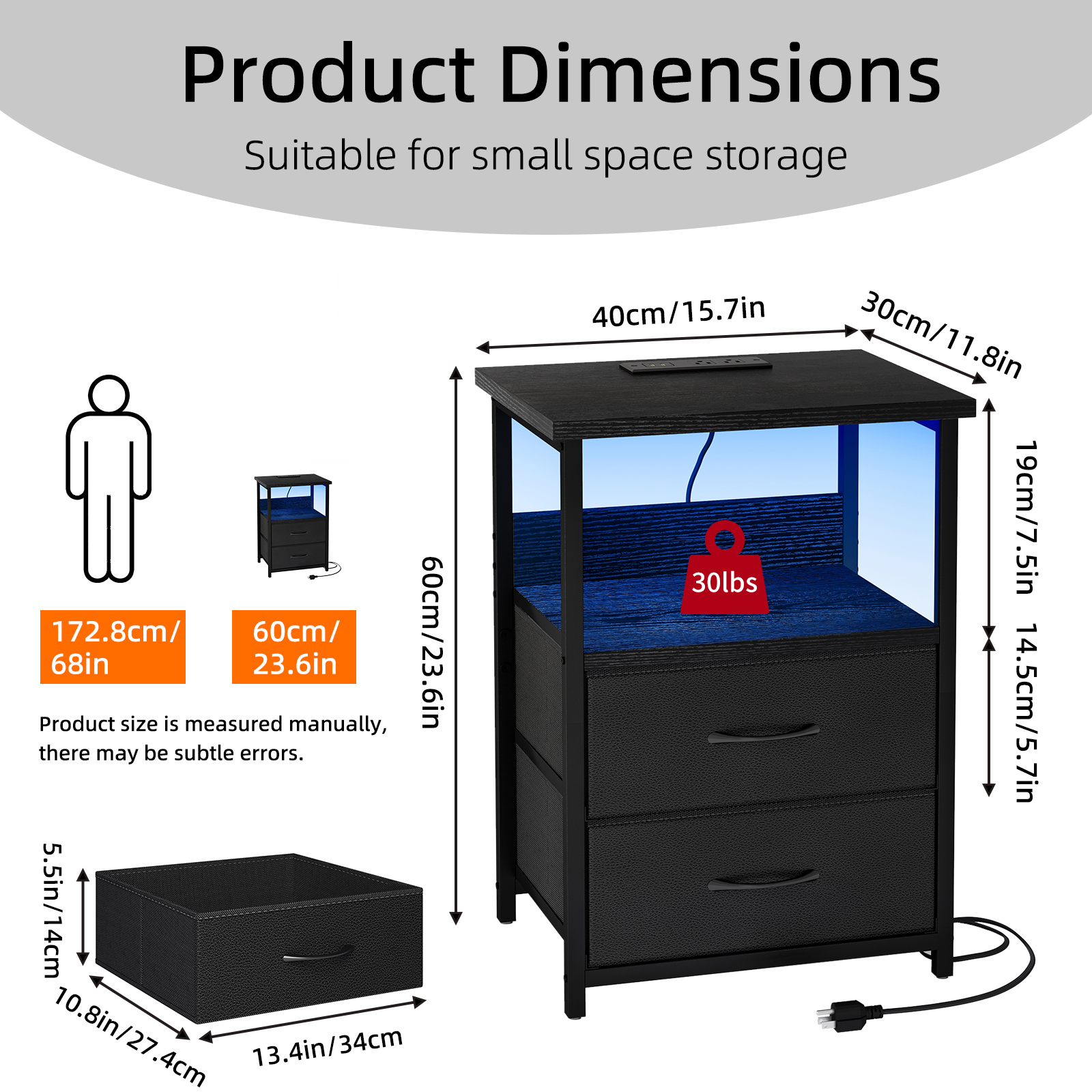 Tomnk LED Nightstand with Charging Station, Black photo 4