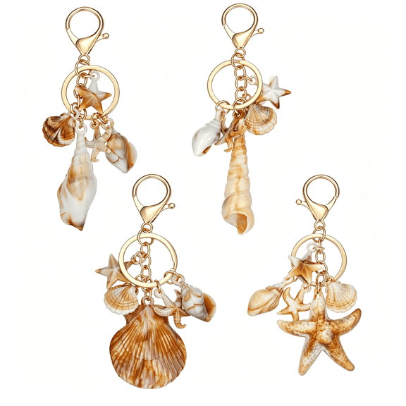 DESIGNICE 4 Pcs Ocean Themed Keychains for Women-Resin Seashell Starfish Boho Beach Bag Charms with Gold-Plated,Summer Vacation Purse Backpack Pendant Key Ring Gifts