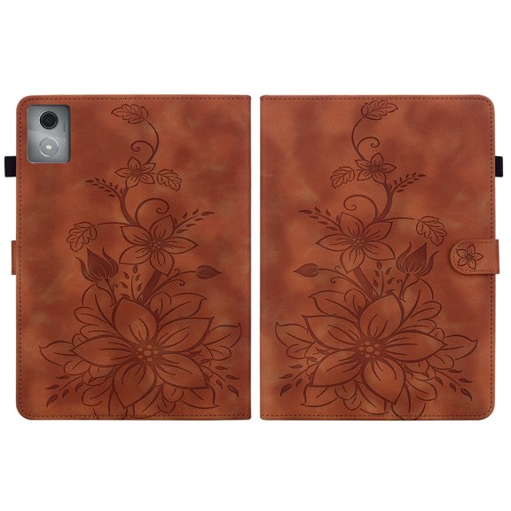 Case for Lenovo Tab K11 Plus 11.45 inch 2024, Embossed Flower PU Leather Flip Wallet Folio Stand Cover, Brown
