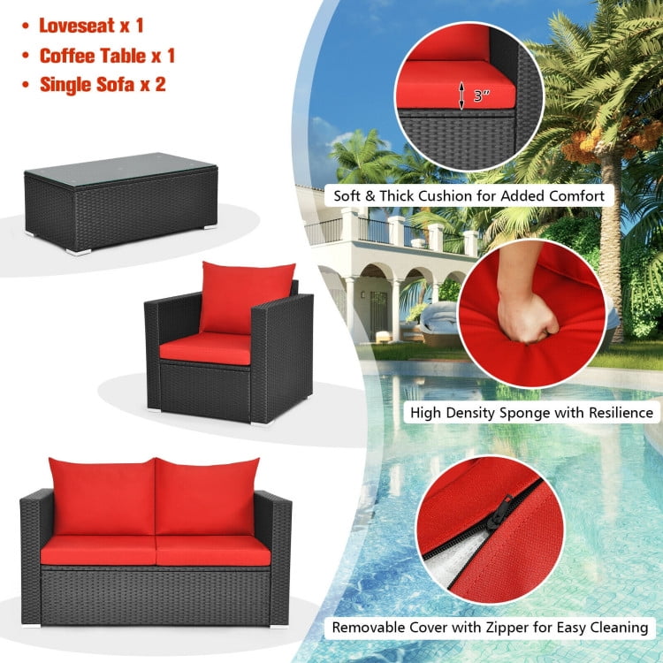 Aimee Lii 4 Pieces Patio Rattan Conversation Set, Small Patio Set with Padded Cushion and Tempered Glass Coffee Table, Red Aimee Lii 4 Pieces Patio Rattan Conversation Set, Small Patio Set with Padded Cushion and Tempered Glass Coffee Table, Red