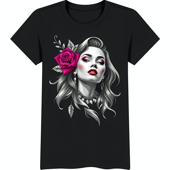 Stylish Black T-Shirt with Elegant Woman Graphic
