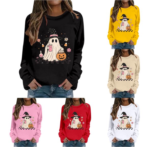 PRfgtbd Halloween Sweatshirt for Women Ghost Pumpkin Long Sleeve Crewneck Sweatshirts Graphic Pullover Tops Fall Clothes
