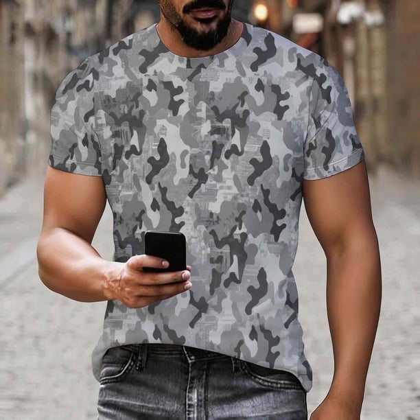 Ceisia Men's Urban Architecture Texture Camouflage Print Crew Neck T-Shirts, Stretchy Breathable Casual Short Sleeve Tops Gifts