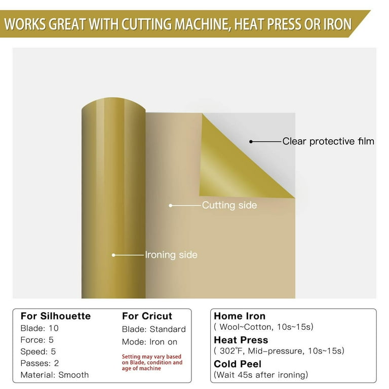 Gold HTV Vinyl 24 x50ft Iron On Heat Press Transfer Vinyl Easy to Cut for  DIY Clothing T Shirts All Fabric (Cut Vinyl Gold 24)