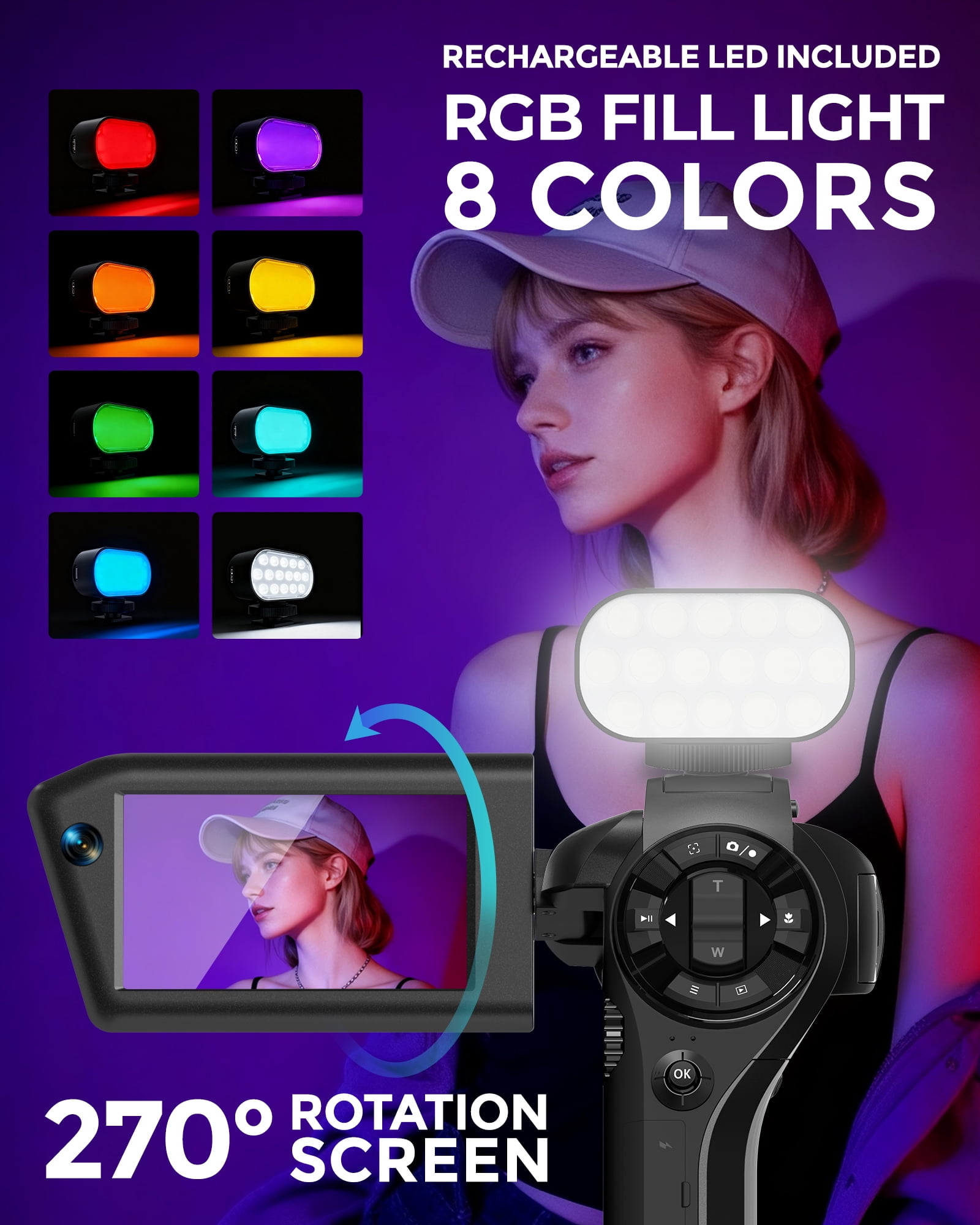 8K Video Camera 75MP Camcorder with WiFi Dual Lens Vlogging Camera for YouTube Rotation Screen Video Recorder with Microphone, Fill Light, Remote Control, mini Tripod, 2 Batteries, Charger