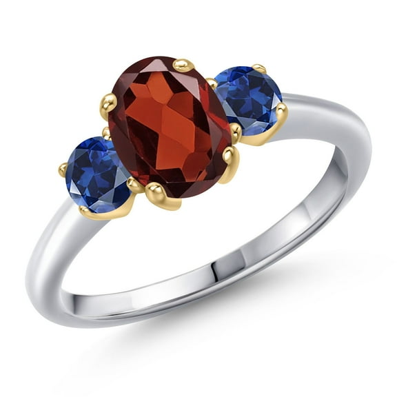 Gem Stone King 10K Two Tone Gold Red Garnet and Blue Created Sapphire Engagement Ring for Women | 2.00 Cttw | Oval 8X6MM | Gemstone January Birthstone | Size 9