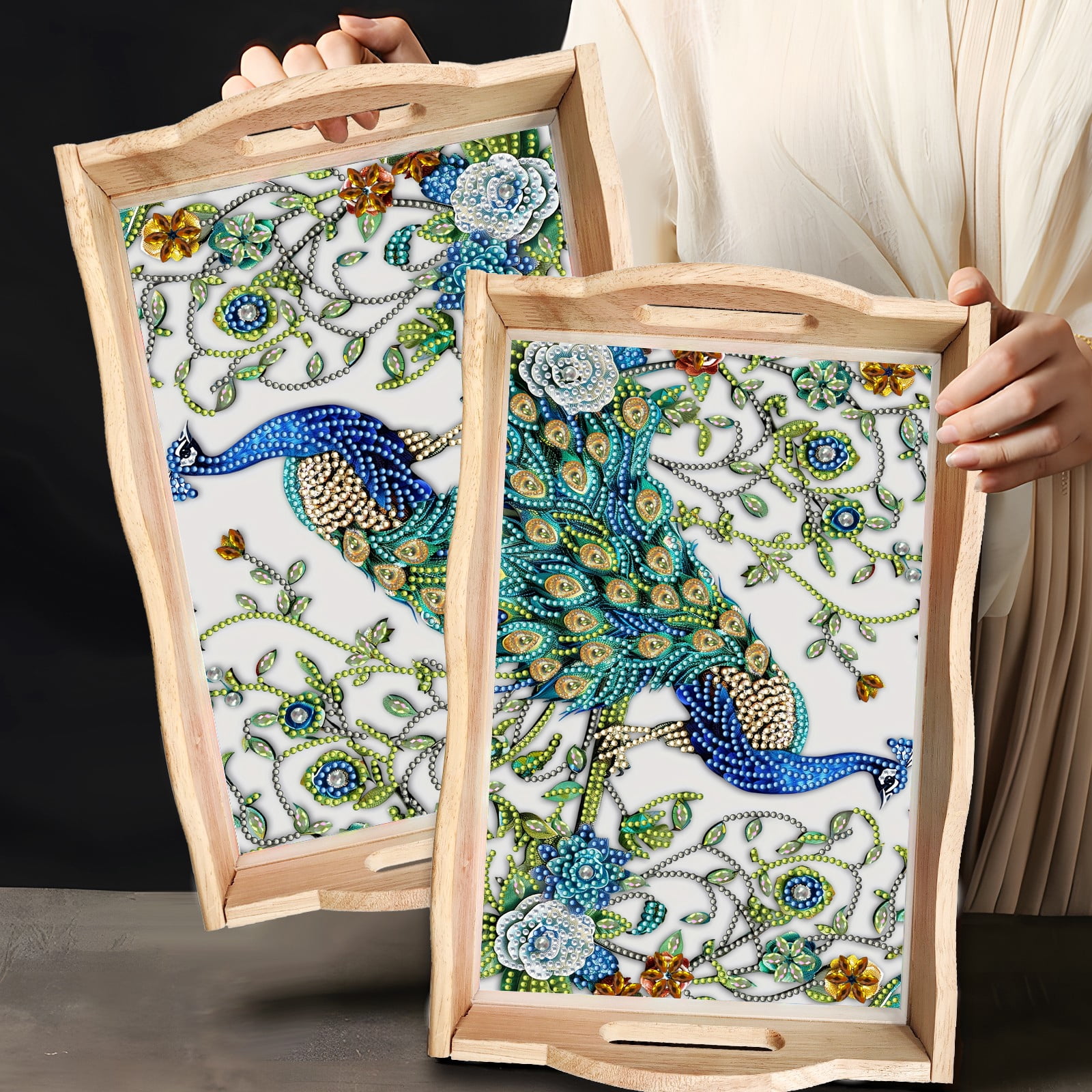 FLOPESN DIY Diamond Art Painting Handmade Wooden Tray,Creative Design Serving Dinner Plate for Coffee Living Room Home Organizer-Peafowl