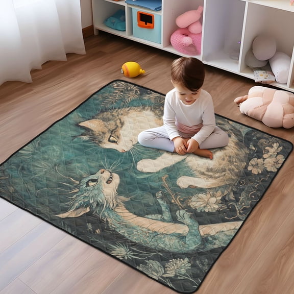 WOBOGO Cat and Dragon Drawing Baby Playmats Extra Large Waterproof Rollable Activity Pads for Toddlers 50×50inch