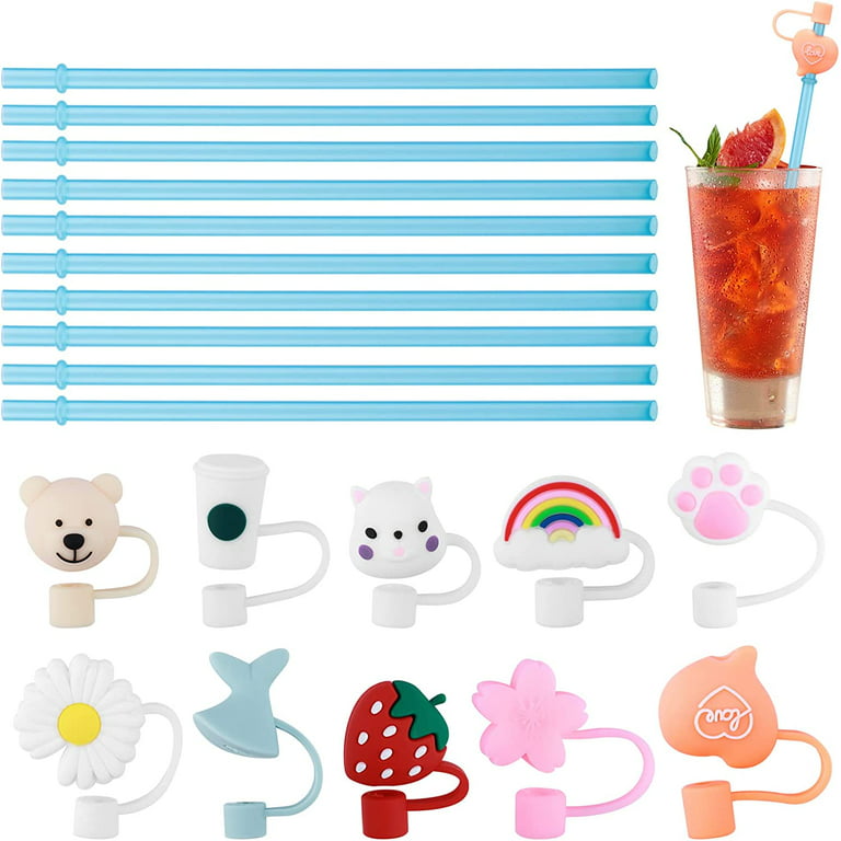 10 Pieces Silicone with 10 Pieces Straw Tips Cover Reusable Drinking Tips Lids Straw Plugs, Straw Toppers for Tumblers Bulk, for 6-8 mm Straws (Cute